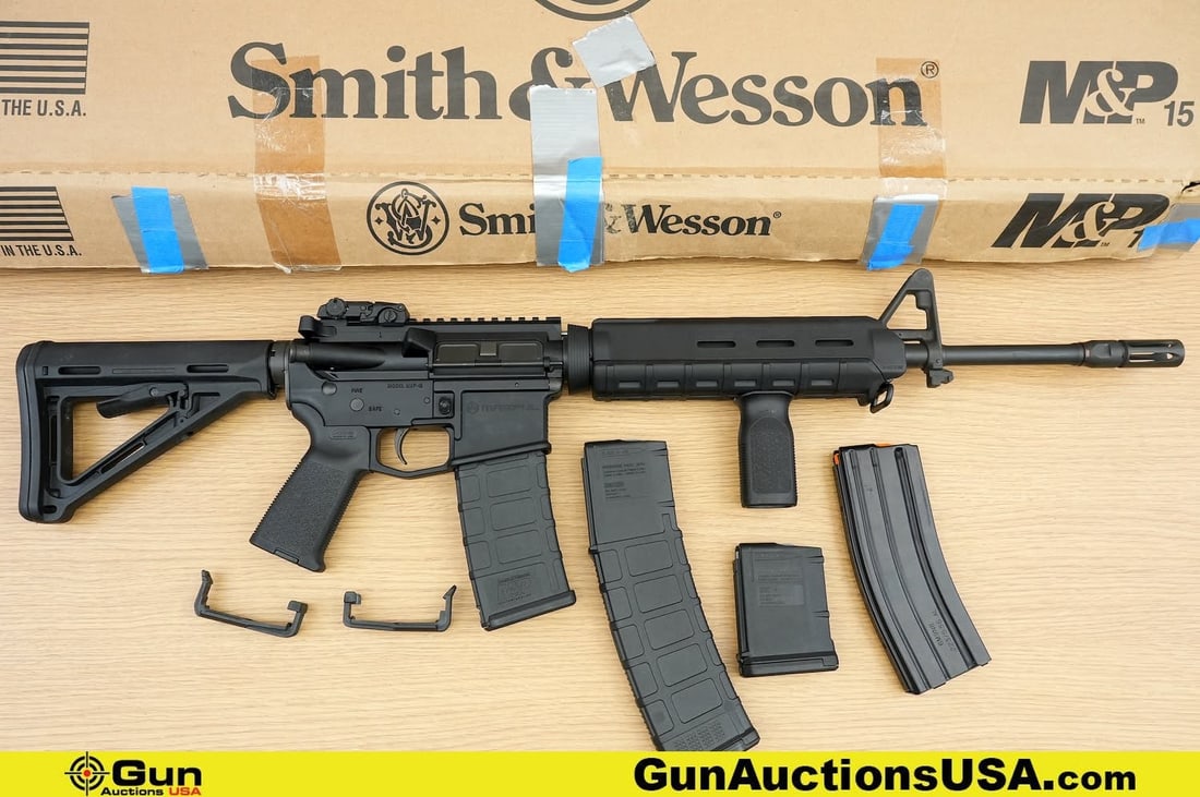 S&W M&P-15 5.56 NATO Rifle . Excellent. 19" Barrel. Shiny Bore, Tight Action Semi Auto . Featuring: S&W M&P-15 5.56 NATO Rifle . Excellent. 19" Barrel. Shiny Bore, Tight Action Semi Auto . Featuring an Adjustable Stock, Forward Assist, A2 Flash Hider, M-LOK Foregrip, along with Vertical Foregrip. Ba