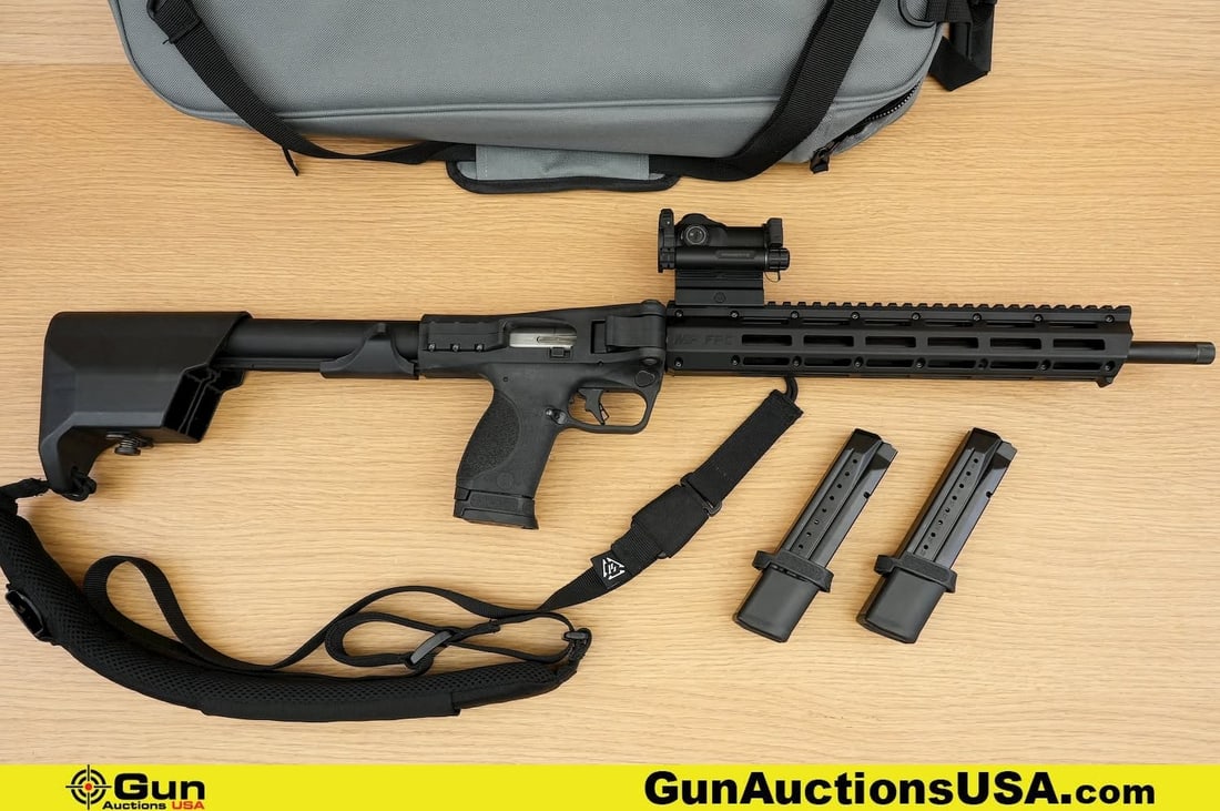 S&W FPC 9mm THREADED BARREL Rifle. Excellent. 16" Barrel. Shiny Bore, Tight Action Semi Auto.: S&W FPC 9mm THREADED BARREL Rifle. Excellent. 16" Barrel. Shiny Bore, Tight Action Semi Auto. Compact Folding Design, Featuring a THREADED BARREL with Thread Protector, Installed Sig Sauer Romeo Red D