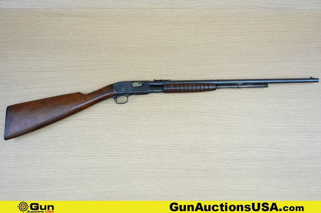 REMINGTON 12 .22 S-L-LR Rifle. Good Condition, Normal Handling Marks. 21.5" Barrel. Shiny Bore,: REMINGTON 12 .22 S-L-LR Rifle. Good Condition, Normal Handling Marks. 21.5" Barrel. Shiny Bore, Tight Action Pump Action . Features a Durable Hardwood Stock, Adjustable Rear Sight, Front Blade Fixed S