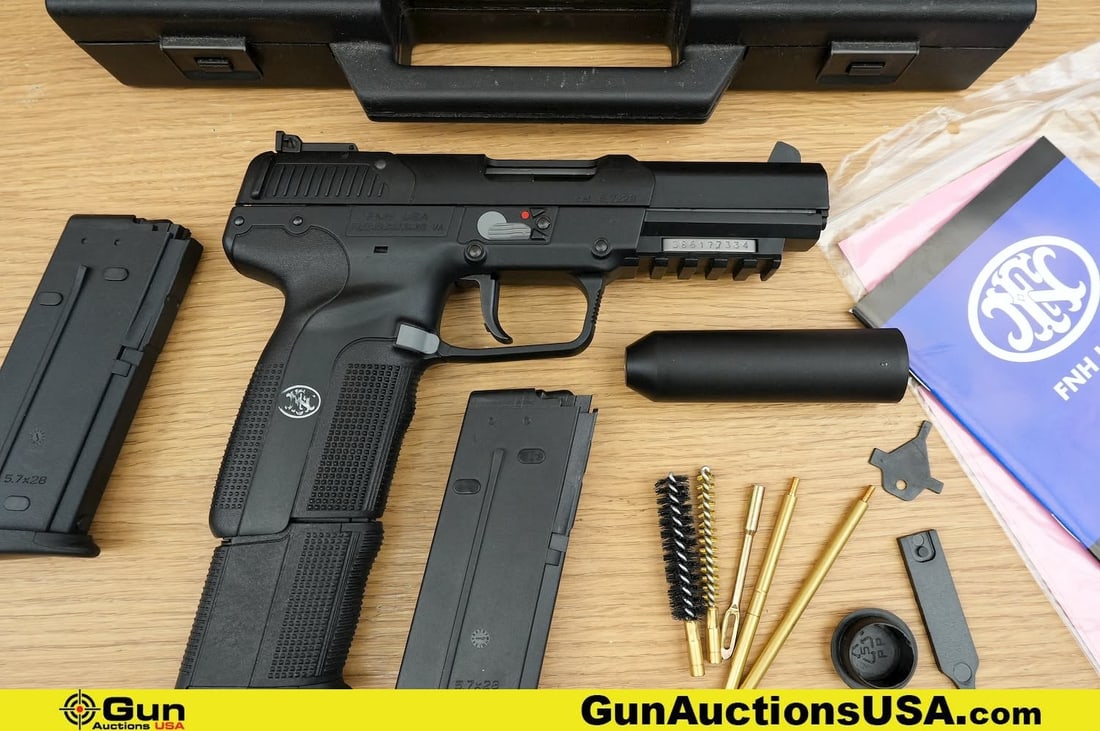 FN HERSTAL NONE MARKED 5.7 X 28 MM THREADED BARREL Pistol. Excellent. 3" Barrel. Shiny Bore, Tight: FN HERSTAL NONE MARKED 5.7 X 28 MM THREADED BARREL Pistol. Excellent. 3" Barrel. Shiny Bore, Tight Action Semi Auto . Features a THREADED BARREL, Lightweight Polymer Frame, Accessory Rail, Striker Fir