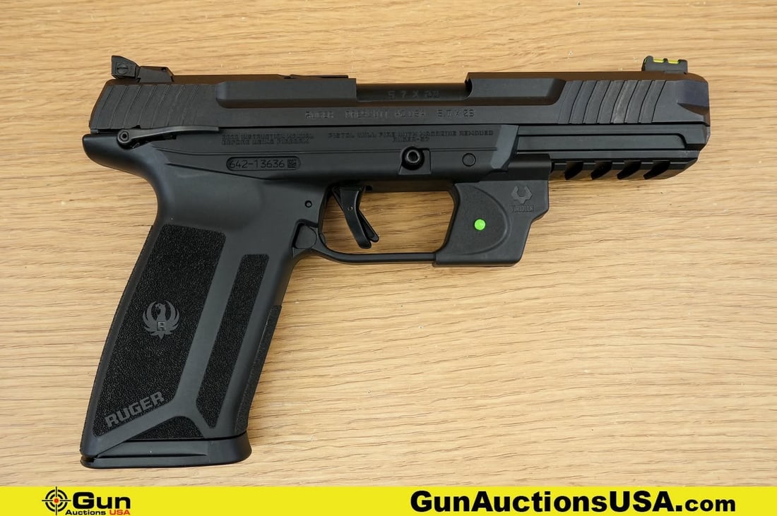 Ruger 57 5.7X28MM Pistol. Good Condition, Normal Handling Marks. 5" Barrel. Shiny Bore, Tight Action: Ruger 57 5.7X28MM Pistol. Good Condition, Normal Handling Marks. 5" Barrel. Shiny Bore, Tight Action Semi Auto . Features a Textured Lightweight Polymer Frame, Picatinny Rail, Front and Rear Slide Ser