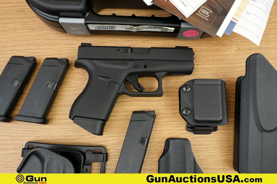 Glock 42 .380 AUTO Pistol. Excellent. 3.25" Barrel. Shiny Bore, Tight Action Semi Auto . Features a: Glock 42 .380 AUTO Pistol. Excellent. 3.25" Barrel. Shiny Bore, Tight Action Semi Auto . Features a Polymer Grip and Frame, Hi Viz Sights, Slim, Lightweight Frame Ideal for Discreet Carry, Textured Gr