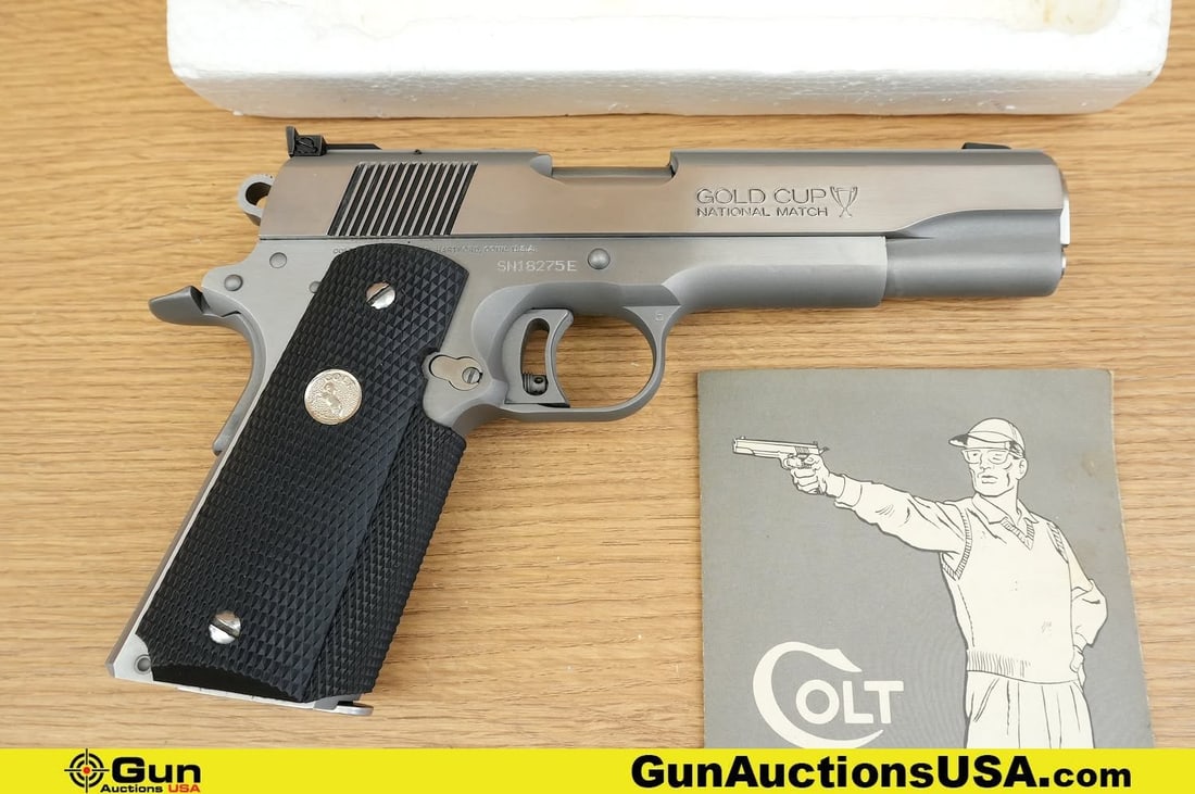 COLT SERIES '80 MK IV .45 AUTO COLLECTOR'S Pistol. Excellent. 4.75" Barrel. Shiny Bore, Tight Action: COLT SERIES '80 MK IV .45 AUTO COLLECTOR'S Pistol. Excellent. 4.75" Barrel. Shiny Bore, Tight Action Semi Auto . A BEAUTIFUL GOLD CUP NATIONAL MATCH EDITION Engraved on Slide, with Stainless Steel Bar