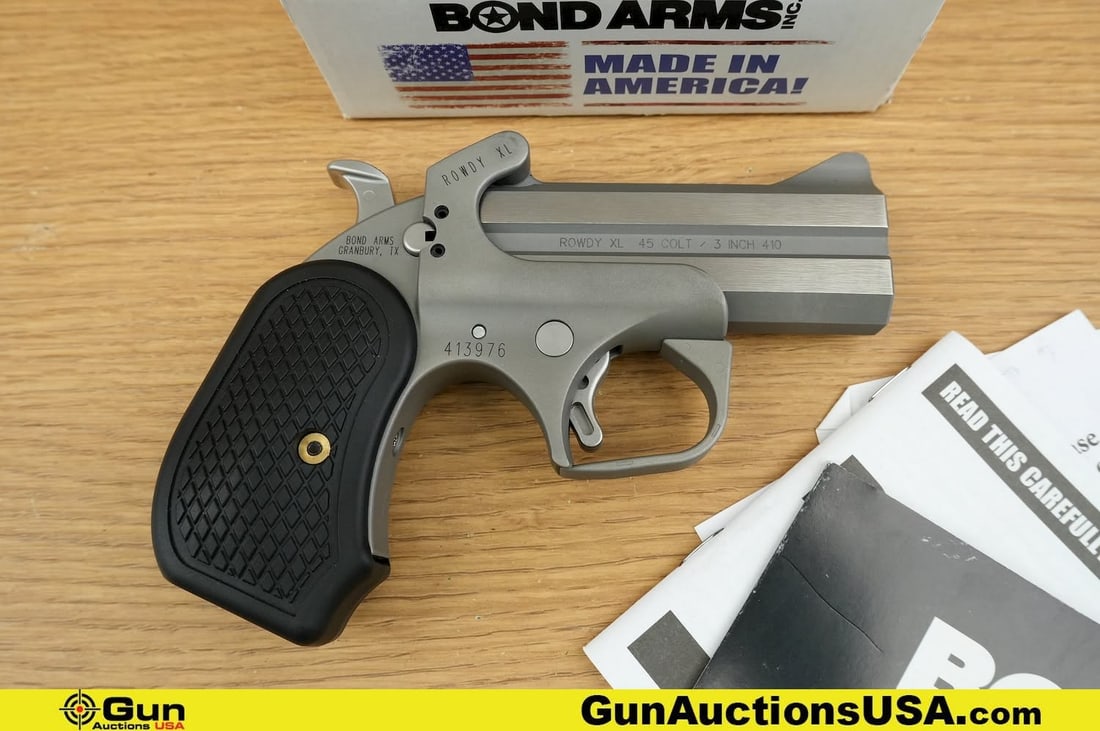 Bond Arms ROWDY XL .45 COLT/3 INCH .410 Pistol. Excellent. 3.5" Barrel. Shiny Bore, Tight Action: Bond Arms ROWDY XL .45 COLT/3 INCH .410 Pistol. Excellent. 3.5" Barrel. Shiny Bore, Tight Action Single Shot Over Under. Features a Robust Stainless Steel frame, Textured Rubber Grips, Textured Hammer