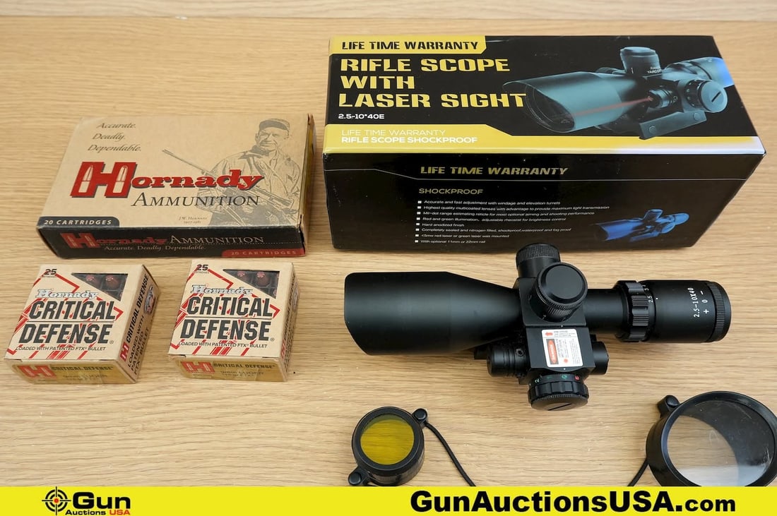 Hornady, Qinuke .375 Ruger, 9mm Ammo, Scope. . Approx. 20 Rds of .375 Ruger, 300 Gr FMJ RN. Approx.: Hornady, Qinuke .375 Ruger, 9mm Ammo, Scope. . Approx. 20 Rds of .375 Ruger, 300 Gr FMJ RN. Approx. 50 Rds of 9MM, 115 Gr FTX, and One 2.5-10x40 Scope with Laser Sight, and Mount, Including Box and Pa