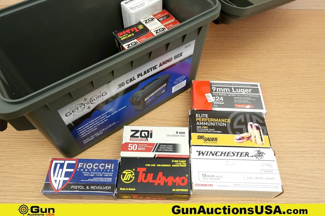 Fiocchi, Zqi, WIN, Etc 9 MM Ammo. . Approx. 595 Rds 9 MM FMJ. Includes Polymer Ammo Can.. (83510): Fiocchi, Zqi, WIN, Etc 9 MM Ammo. . Approx. 595 Rds 9 MM FMJ. Includes Polymer Ammo Can.. (83510) (GSCV13)