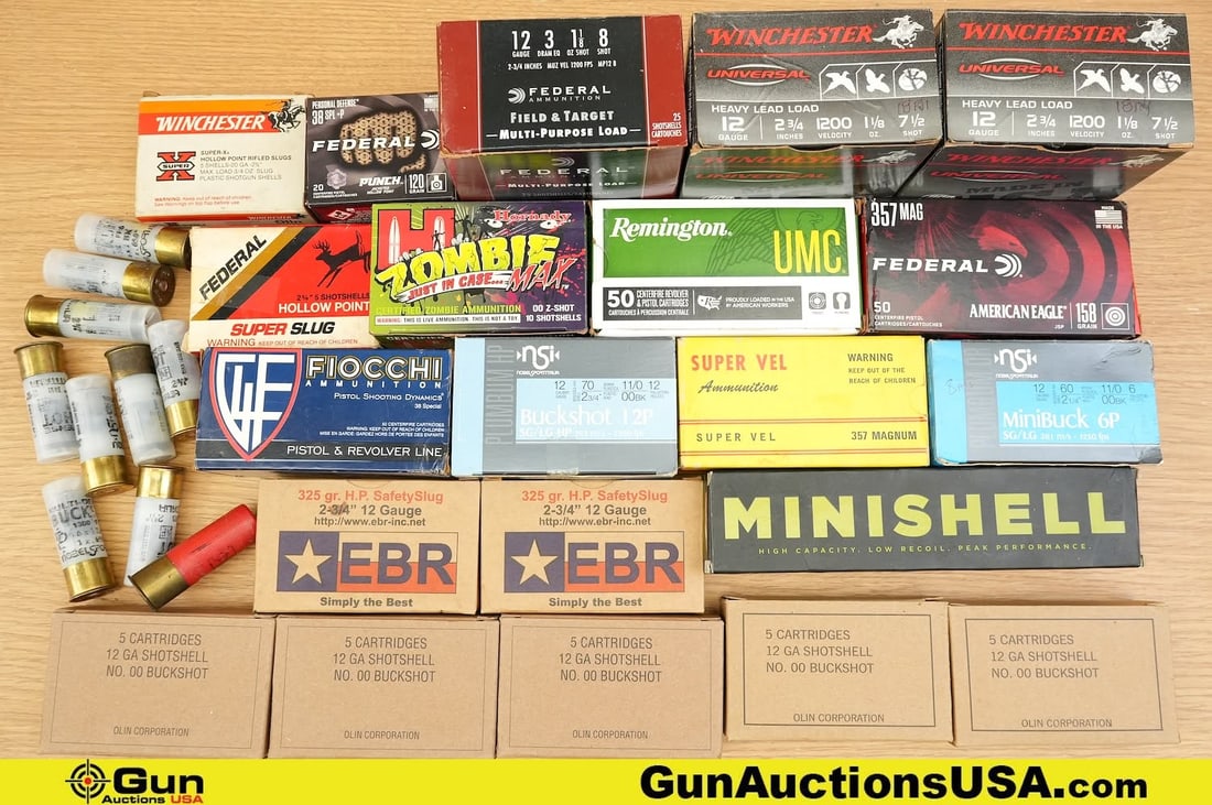 Fiocchi, WIN, FED, Etc 12 GA, 357 MAG, 38 SPL, Etc Ammo. . Approx. 345 Rds in Total; Approx 110 Rds (1 of 9)