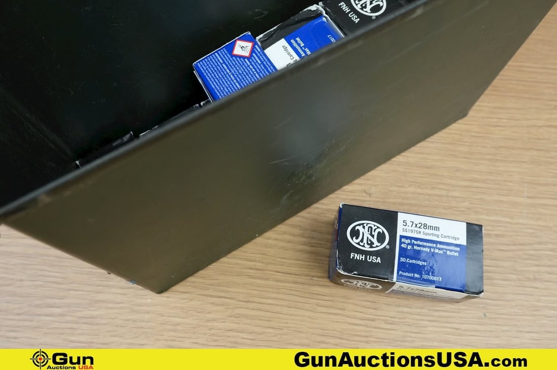 FNH 5.7x28mm Ammo. . Approx. 215 Rds of 5.7x28 MM SS197SR. 40 Fr V-MAX. Includes Small Metal Ammo: FNH 5.7x28mm Ammo. . Approx. 215 Rds of 5.7x28 MM SS197SR. 40 Fr V-MAX. Includes Small Metal Ammo Can. . (83108) (GSCU77)