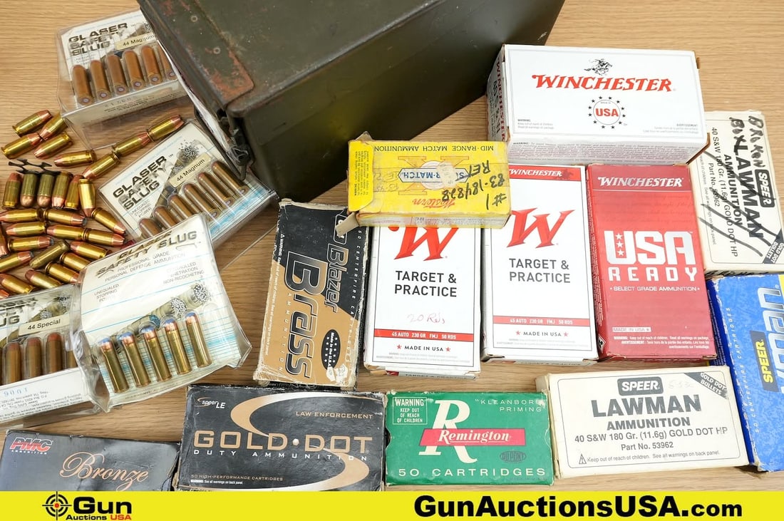 Speer, Winchester, Remington, Etc. .45 AUTO, .38 Special, .44 MAG, Etc. Ammo. . Approx. 573 Rds in: Speer, Winchester, Remington, Etc. .45 AUTO, .38 Special, .44 MAG, Etc. Ammo. . Approx. 573 Rds in total; Approx. 65 Rds of .38 Special, Approx. 75 Rds of .38 Special + P, Approx. 195 Rds of .45 AUTO,