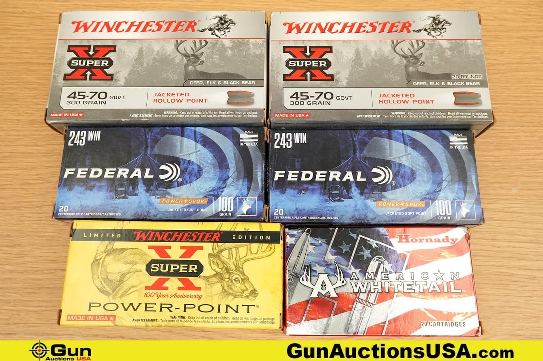 Winchester, Federal, Hornady .45-70 GOVT. .243 WIN, .308 WIN, .30-30 WIN Ammo . . Approx. 120 Rds in: Winchester, Federal, Hornady .45-70 GOVT. .243 WIN, .308 WIN, .30-30 WIN Ammo . . Approx. 120 Rds in Total; Approx. 40 Rds of .45.70 Govt. 300 Gr JHP, Approx. 40 Rds of .243 Win, 100 Gr JSP, Approx. 2