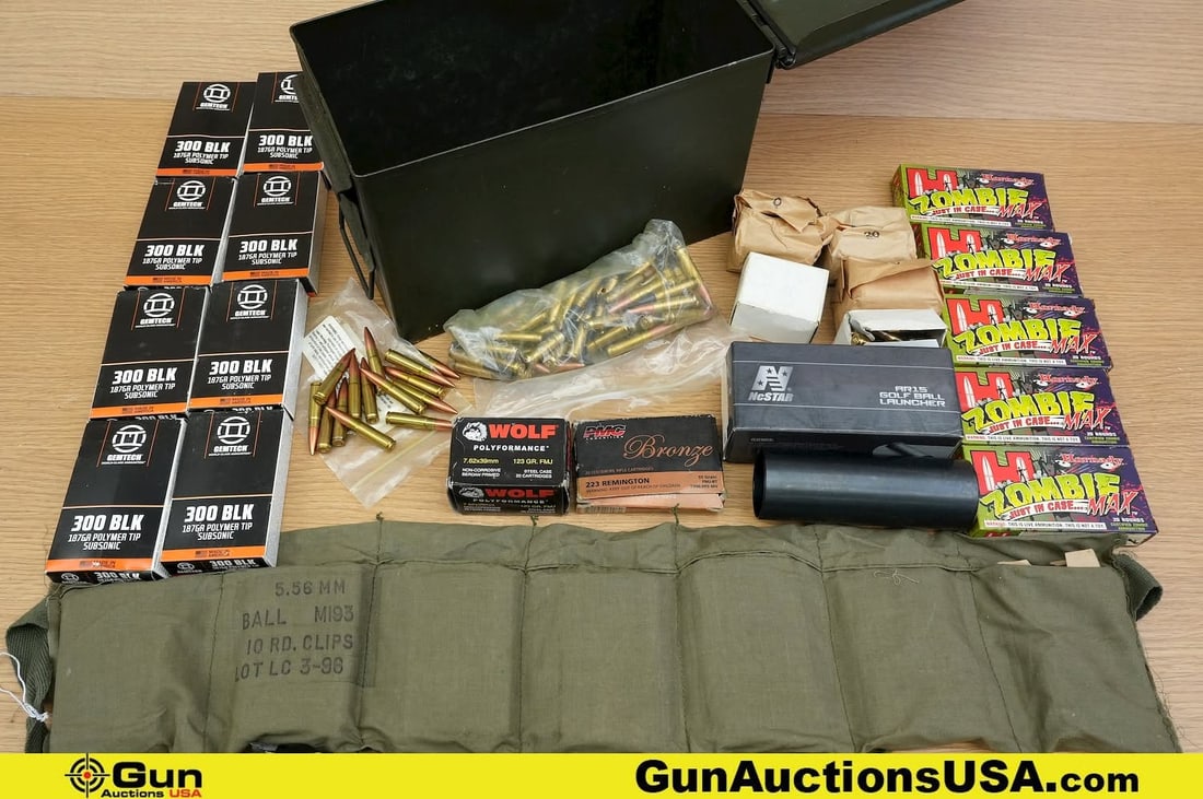 Wolf, Gemtech, Surplus, Etc. 7.62x39, 5.56x45, Etc. Ammo/Gun Part. . Approx. 590 Rds in Total;: Wolf, Gemtech, Surplus, Etc. 7.62x39, 5.56x45, Etc. Ammo/Gun Part. . Approx. 590 Rds in Total; Approx. 60 Rds of 7.62x39, Approx. 40 Rds of 5.56x45, Blontes, Approx. 260 Rds of 2.23 REM, Approx. 230 R