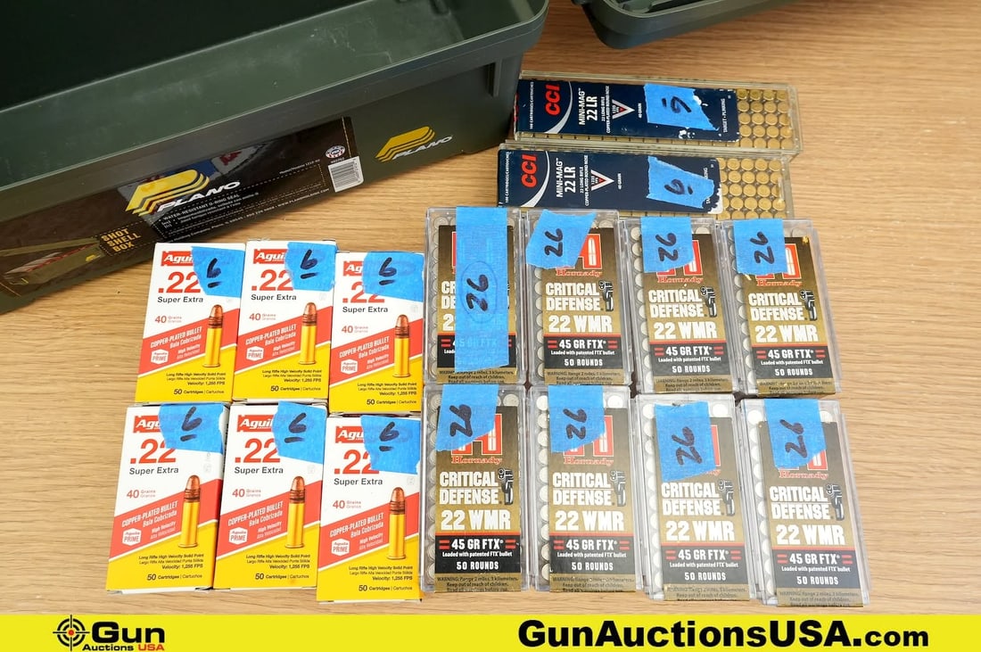 Aguila, Hornady, CCI 22 WMR, 22 LR Ammo. . Approx 850 Rds. Includes One Polymer Ammo Can.. (83634): Aguila, Hornady, CCI 22 WMR, 22 LR Ammo. . Approx 850 Rds. Includes One Polymer Ammo Can.. (83634) (GSCT66)