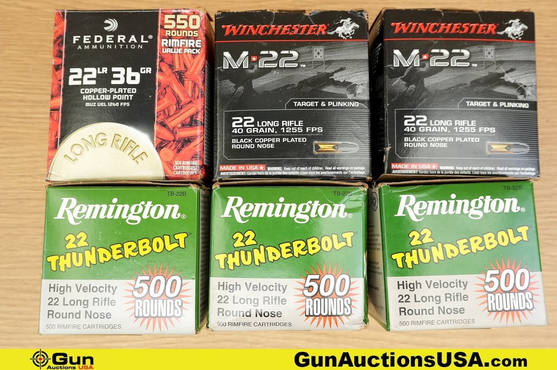 WIN, REM, FED 22 LR Ammo. . Approx 2600 Rds. (83631) (GSCV19): WIN, REM, FED 22 LR Ammo. . Approx 2600 Rds. (83631) (GSCV19)