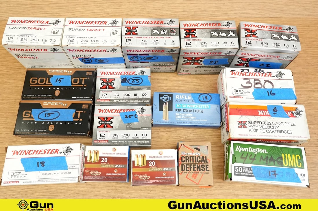 WIN, PPU, Speer, Etc 12 GA, .380 ACP, .45 ACP, Etc Ammo. . Approx. 800 Rds in Total; Approx. 120 Rds: WIN, PPU, Speer, Etc 12 GA, .380 ACP, .45 ACP, Etc Ammo. . Approx. 800 Rds in Total; Approx. 120 Rds of 12 GA 2 3/4", Approx. 75 Rds of .380 ACP, Approx. 60 Rds of .45 ACP, Approx 50 Rds of .357 MAG,
