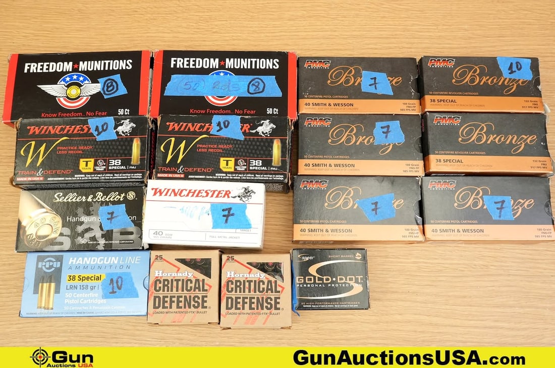 WIN, PMC, PPU .38 SPL, 40 S&W Ammo. . Approx. 700 Rds Total; Approx 250 Rds of .38 SPL, Approx 450 (1 of 2)