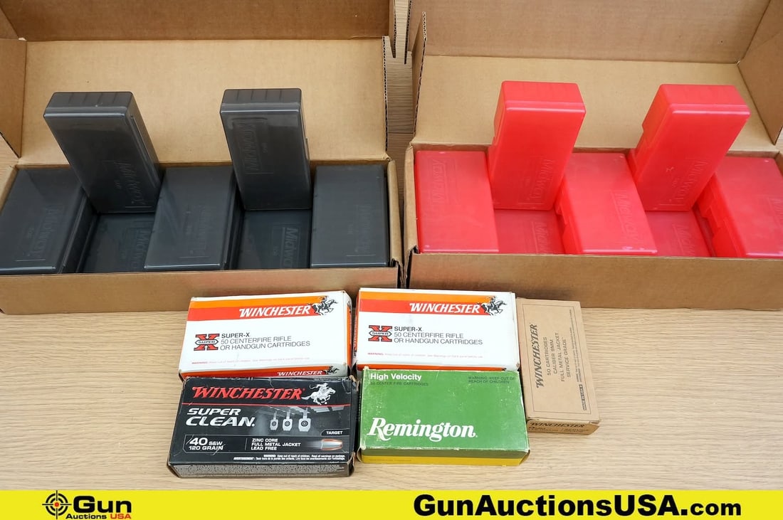 Remington, Winchester, Midway .44.40, 9mm, .40 Cal Ammo, Container. . Approx. 100 Rds in Total;: Remington, Winchester, Midway .44.40, 9mm, .40 Cal Ammo, Container. . Approx. 100 Rds in Total; Approx. 80 Rds of 44.40, 10 Rds of 9mm, 10 Rds of .40 Cal and 20 Cases-Plastic Ammo Container. . (83650)
