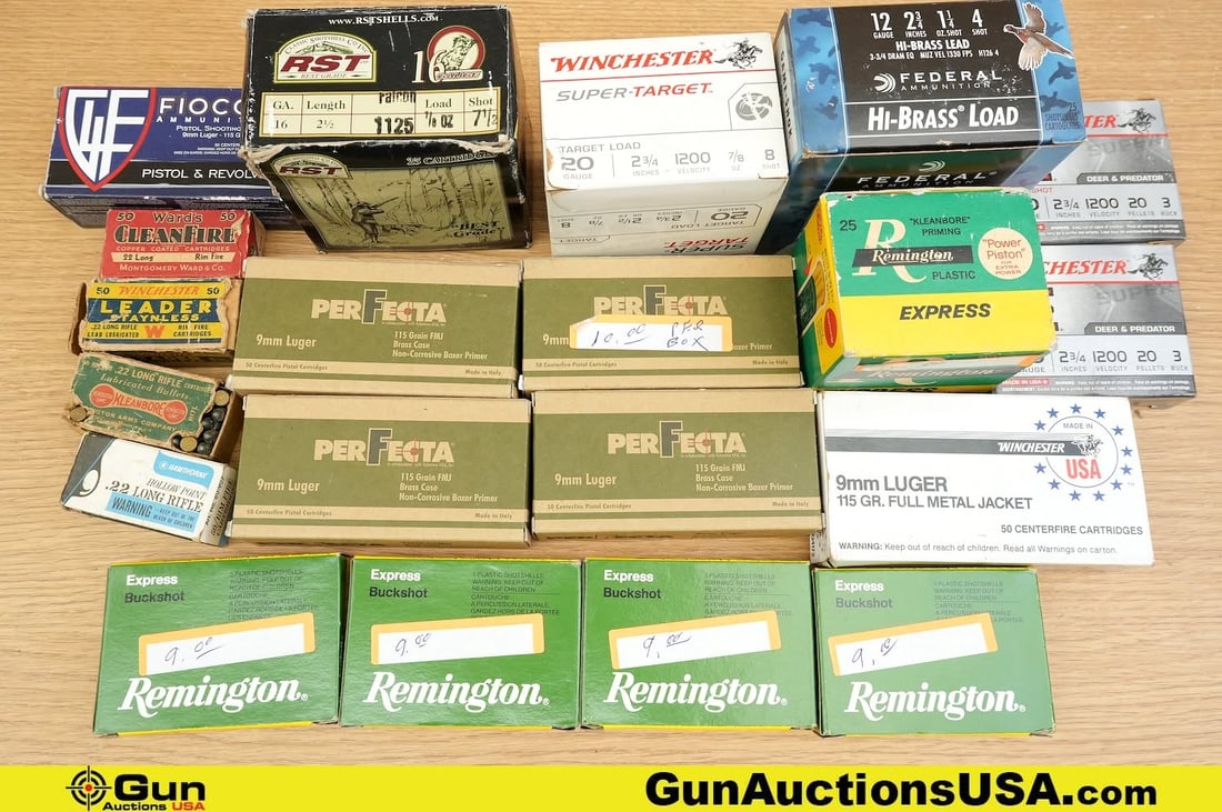 Winchester, Federal, Etc. .22, 9mm, 16 Ga. Etc. Ammo. . Approx. 640 Rds in Total; 200 Rds of .22 LR,: Winchester, Federal, Etc. .22, 9mm, 16 Ga. Etc. Ammo. . Approx. 640 Rds in Total; 200 Rds of .22 LR, 300 Rds of 9mm, 95 Rds of 20 Ga., 25 Rds of 16 Ga., 25 Rds of 12 Ga., and 25 Rds of 28 Ga. . (83639