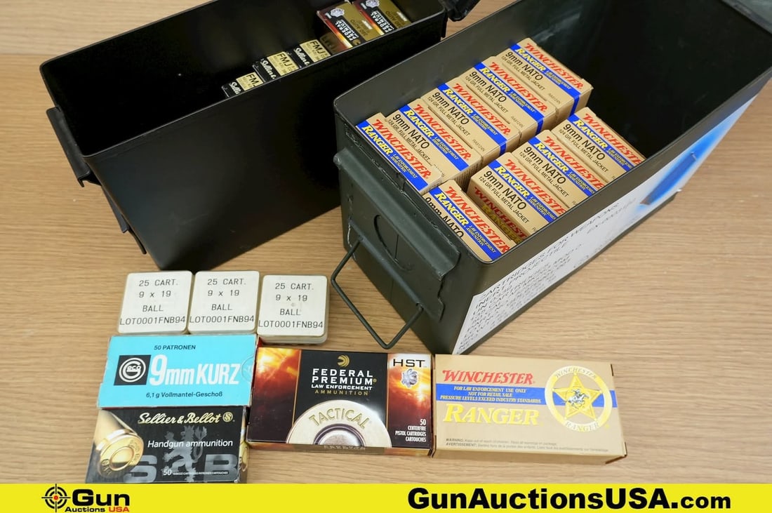 Winchester, Federal, Sellier & Bellot 9mm, .380 Ammo . . Approx. 975 Rds in Total; 575 Rds of 9mm,: Winchester, Federal, Sellier & Bellot 9mm, .380 Ammo . . Approx. 975 Rds in Total; 575 Rds of 9mm, and 400 Rds of .380. Includes One .50 Cal Ammo Can and One .30 Cal Ammo Can. . (83645) (GSCU15)