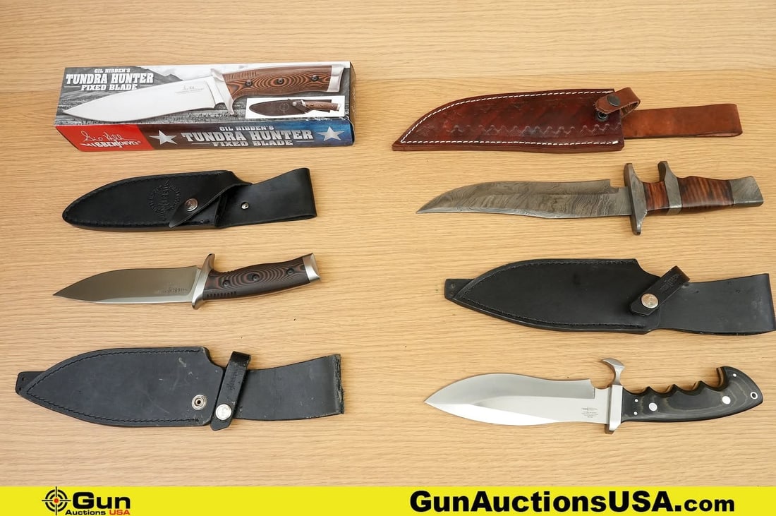 Hibben, Etc. Knives, Sheath. Good Condition. One Tundra Hunter Fixed Blade Knife with Full tang,: Hibben, Etc. Knives, Sheath. Good Condition. One Tundra Hunter Fixed Blade Knife with Full tang, Steel Handguard and Pommel, with Nice Grips and Includes Original Leather Sheath and Box. One Hibben Cu