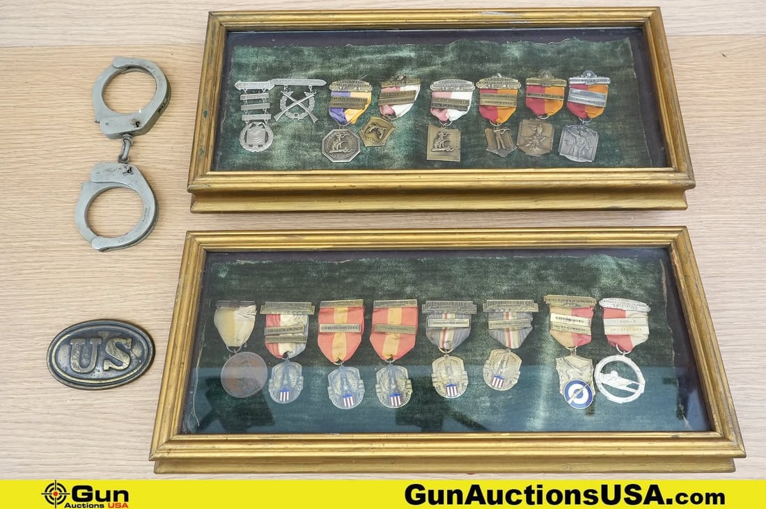 Military Surplus, Star, Etc. COLLECTOR'S Belt Buckle, Medals, Etc. . Good Condition. One Replica: Military Surplus, Star, Etc. COLLECTOR'S Belt Buckle, Medals, Etc. . Good Condition. One Replica Civil War Belt Buckle, Two Frames of Marksmanship Medals and One Set of STAR POLICE Hand cuffs, . (8181