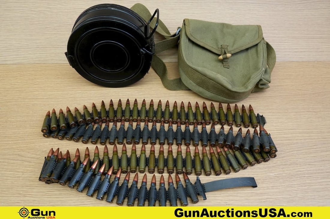 7.62x39 Drum Mag, Ammo and Bag. . RPD Drum Mag with Ammo Belt with 98 Rds of Ammo and Bag, Appears (1 of 10)