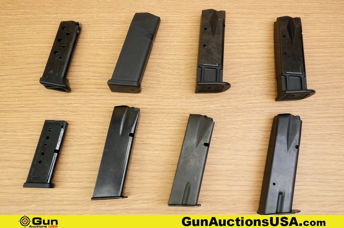 Walther, Glock, Etc. 9mm, .380 Mags. Good Condition, Normal Handling Marks. . Two Walther P99 9MM 10: Walther, Glock, Etc. 9mm, .380 Mags. Good Condition, Normal Handling Marks. . Two Walther P99 9MM 10 Rd Mags, One Walther PPKS .380 7 Rd Mag, One Glock 9MM 15 Rd Mag, One Steel Single Stack .380 6 Rd 