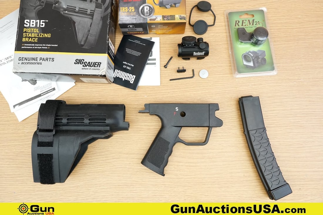 Sig, Stribog, Bushnell, Etc. Mag, Accessories . Very Good. . One Sig SB15 Pistol Brace, One Stribog: Sig, Stribog, Bushnell, Etc. Mag, Accessories . Very Good. . One Sig SB15 Pistol Brace, One Stribog 30 Rd Mag, One Stripped MP5 Lower, One Bushnell Red Dot Sight, and One Rem 21, Reticle Enhancement M