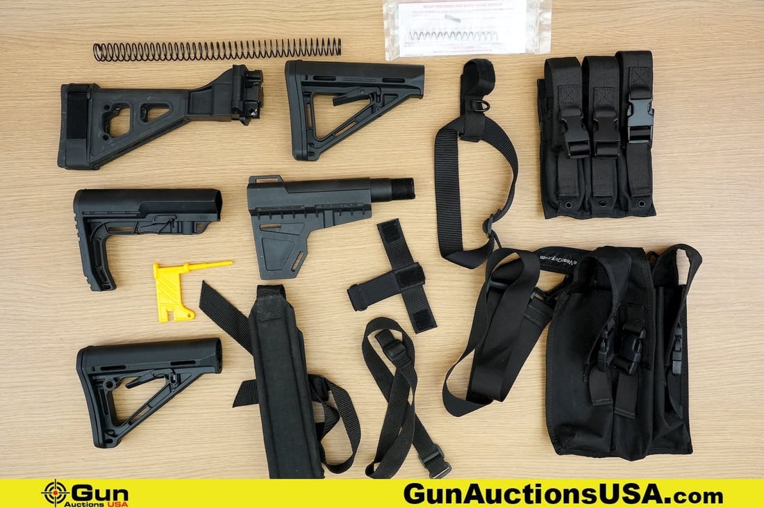SB, Wolff, Etc. Accessories . Very Good. . Misc. Nylon Straps, Two Nylon Mag Pouches, Four AR Butt: SB, Wolff, Etc. Accessories . Very Good. . Misc. Nylon Straps, Two Nylon Mag Pouches, Four AR Butt Stocks, One Buffer Spring, One Wolff for a Sig Sauer P220 .45 ACP Recoil Spring, One Folding Stock As