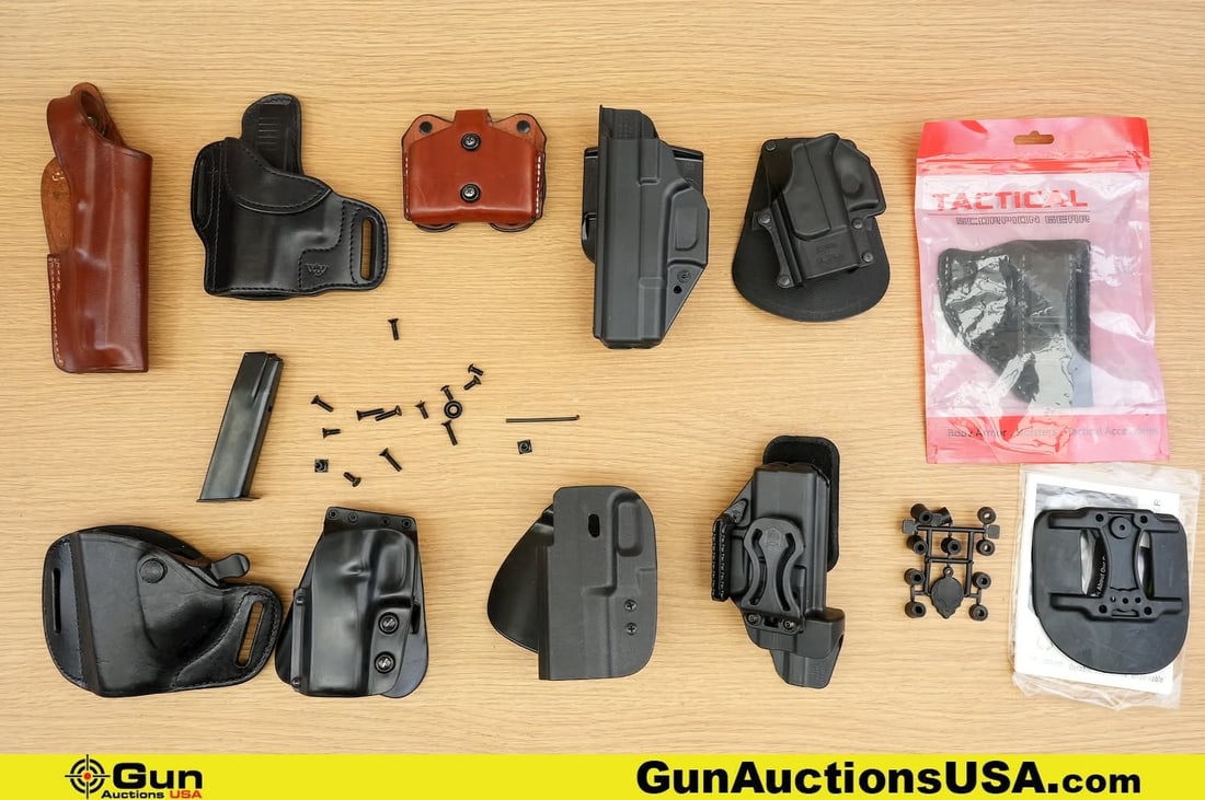 Alien Gear, DeSantis, Triple K, Etc. Mag, Accessories. Very Good. . Nine Assorted Pistol Holsters,: Alien Gear, DeSantis, Triple K, Etc. Mag, Accessories. Very Good. . Nine Assorted Pistol Holsters, One Polymer Holster Paddle, One Surplus CZ (82/83) .380 ACP/9MM MAK 12 Rd Magazine, One Double Mag Po