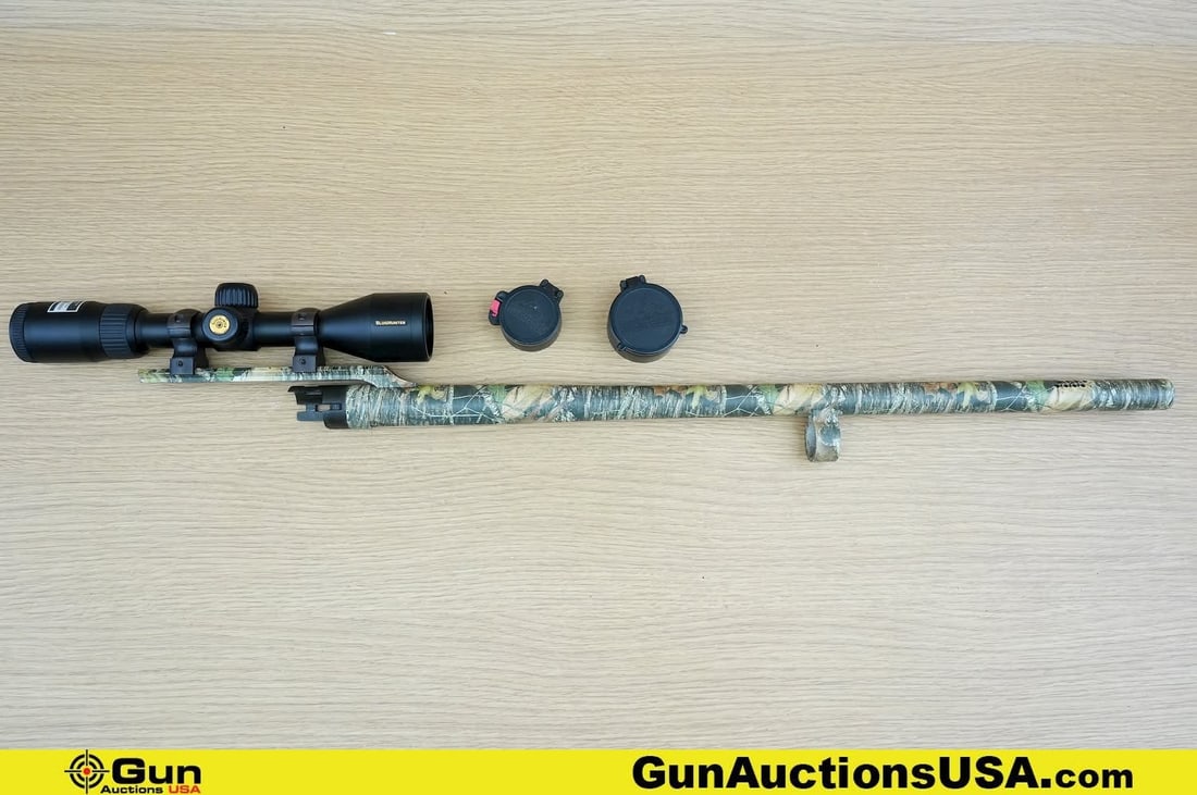 Mossberg 12 Ga. Barrel . Excellent. 24" Barrel. . One Mossy Oak Coated 24" Rifle Slug, Vented: Mossberg 12 Ga. Barrel . Excellent. 24" Barrel. . One Mossy Oak Coated 24" Rifle Slug, Vented Barrel, 12 Ga. 2 3/4, 3 and 3.5" Chamber, Cylinder Choke, Installed top rail for Scope Mount with a Nikon 
