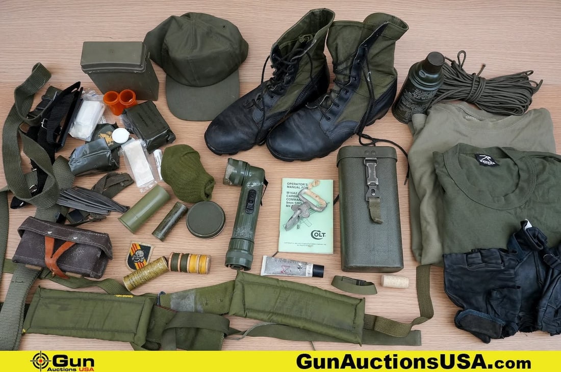 Surplus Boots, Gear, Etc. . Good Condition, Normal Handling Marks. . One COLLECTOR'S Authentic: Surplus Boots, Gear, Etc. . Good Condition, Normal Handling Marks. . One COLLECTOR'S Authentic German Scope Case for a Hensoldt Fero-z 24 H&K G3 Gewehr Scope. One Pair of Boots, Size 9 Regular, One Ha