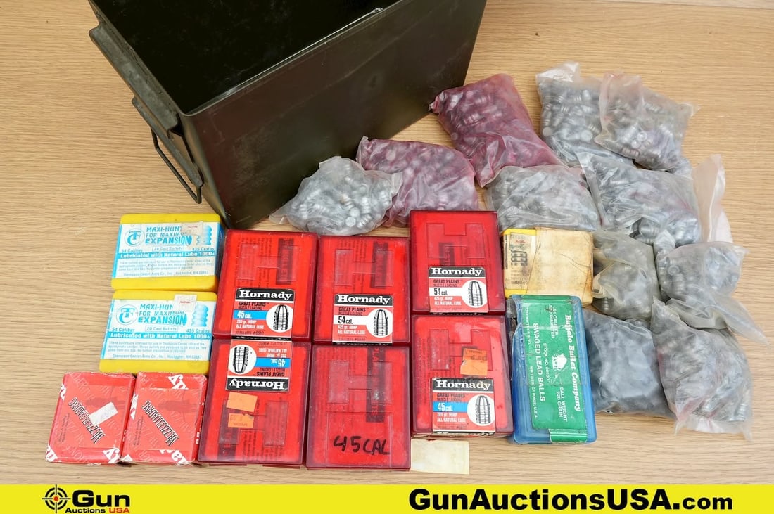Projectiles. . Approx. 40 Lbs. of Assorted Projectiles, .45 Cal, 54 Cal, .36 Cal, Etc. Includes (1 of 11)