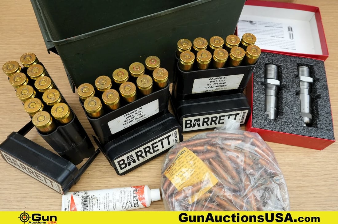 Barrett, Lee .50 Caliber BMG Shells, Bullets, Etc. . . Approx. 15 Brass Shells, Approx. 50 Bullets, (1 of 8)