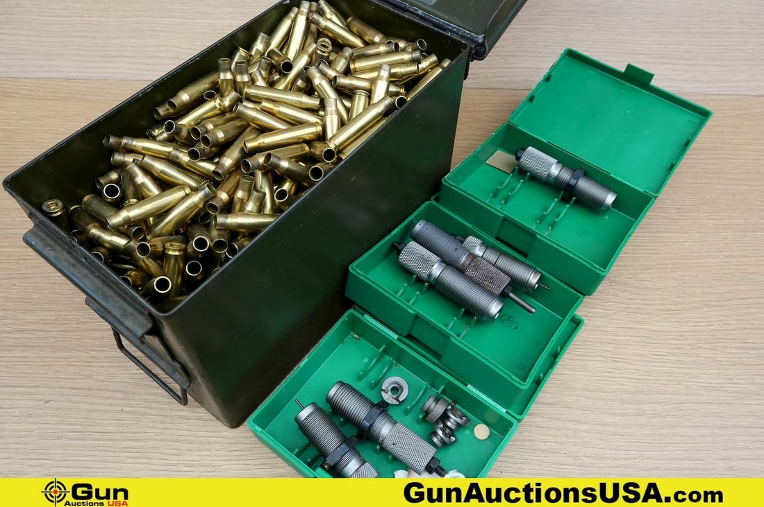 RCBS, Etc .308 WIN Casings. . Approx 200 Empty Brass Casings, 3 Die Sets. Includes Metal Ammo Can.. (1 of 6)