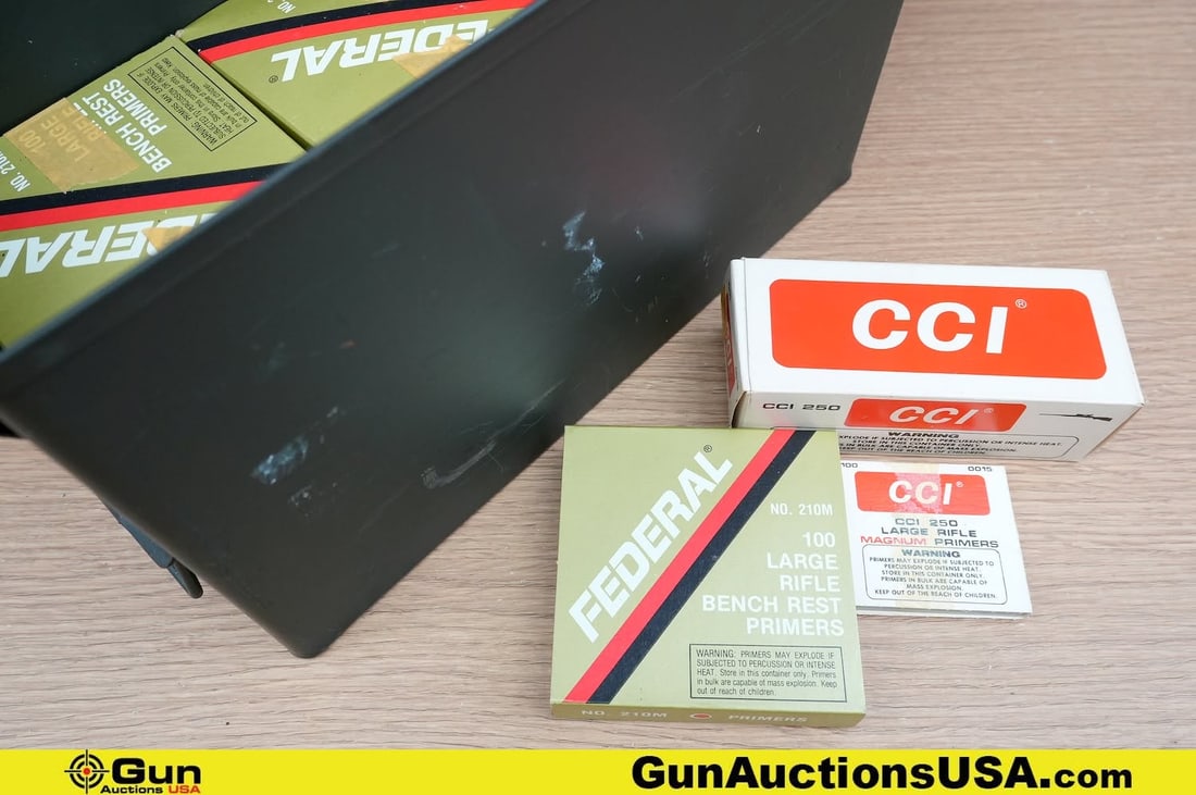 CCI, FED Primers. . Approx 3450 Large Rifle Primers. Includes Metal Ammo Can.. (83527) (GSCU22) (1 of 7)