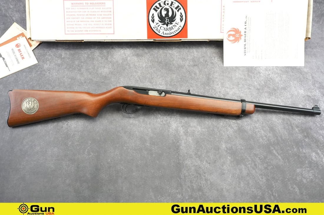 RUGER CARBINE .44 MAGNUM 25th ANNIVERSARY Rifle . Very Good. 18.5" Barrel.: RUGER CARBINE .44 MAGNUM 25th ANNIVERSARY Rifle . Very Good. 18.5" Barrel. Shiny Bore, Tight Action Semi Auto . This commemorative Ruger .44 Magnum Carbine marks the 25th Anniversary of Ruger’s fame