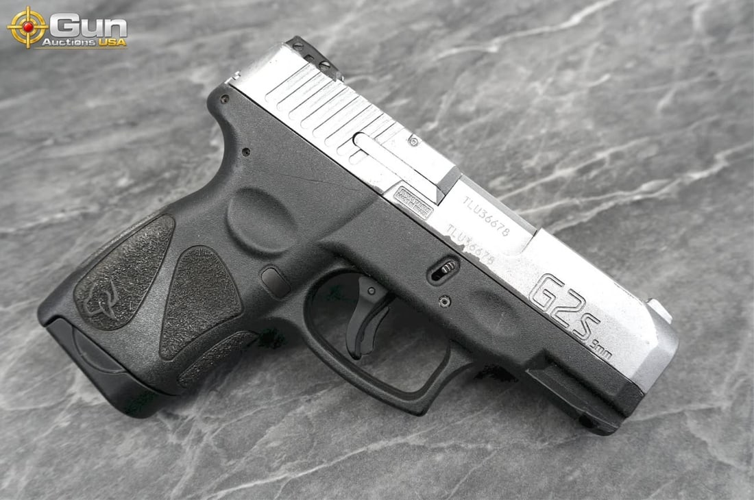 TAURUS G2S 9mm Pistol. Good Condition, Normal Handling Marks. 3.25" Barrel. Shiny Bore, Tight Action: TAURUS G2S 9mm Pistol. Good Condition, Normal Handling Marks. 3.25" Barrel. Shiny Bore, Tight Action Semi Auto . Features a Two tone, compact frame, textured grip for enhanced control, adjustable rear