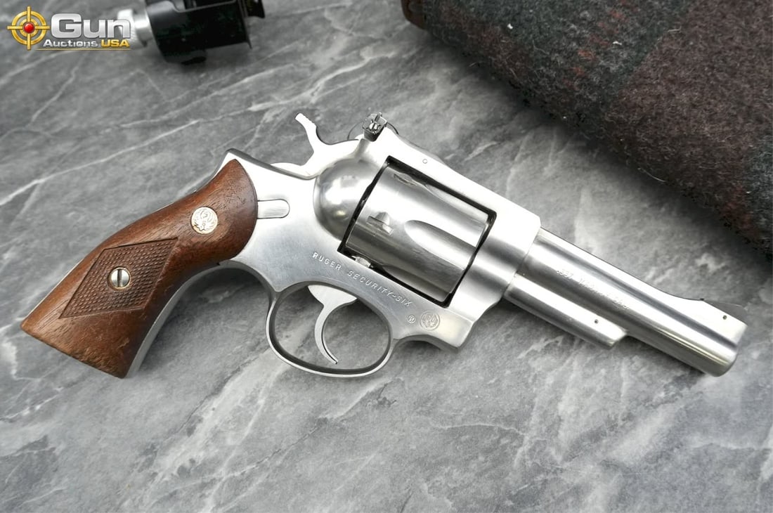 RUGER SECURITY-SIX .357 MAGNUM Revolver 4" Barrel, Shiny Bore, Tight Action sn:154-58557 Very Good: RUGER SECURITY-SIX .357 MAGNUM Revolver 4" Barrel, Shiny Bore, Tight Action sn:154-58557 Very Good Features a six shot fluted cylinder, adjustable rear sight, fixed front sight, brushed stainless stee