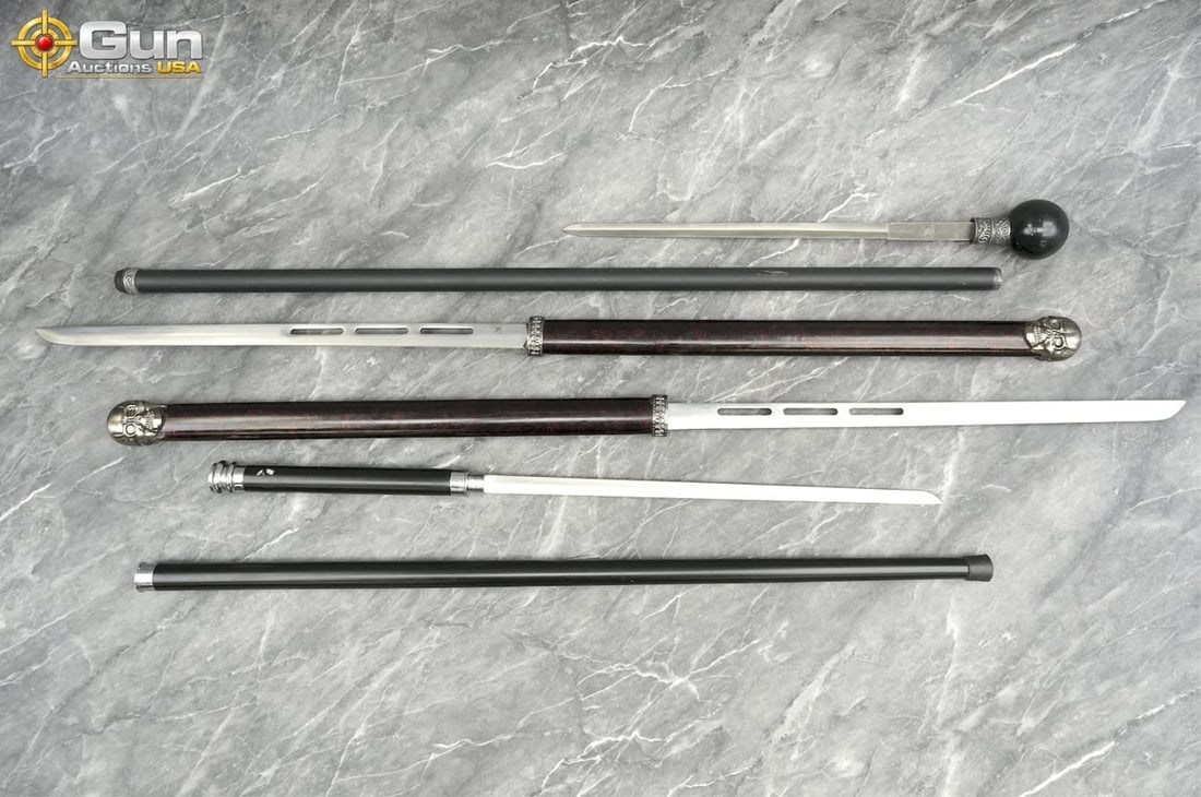 Cane Swords, etc. . Very Good. Two Cane Swords, One Double Sword Staff with scabbards. (83662) (1 of 4)