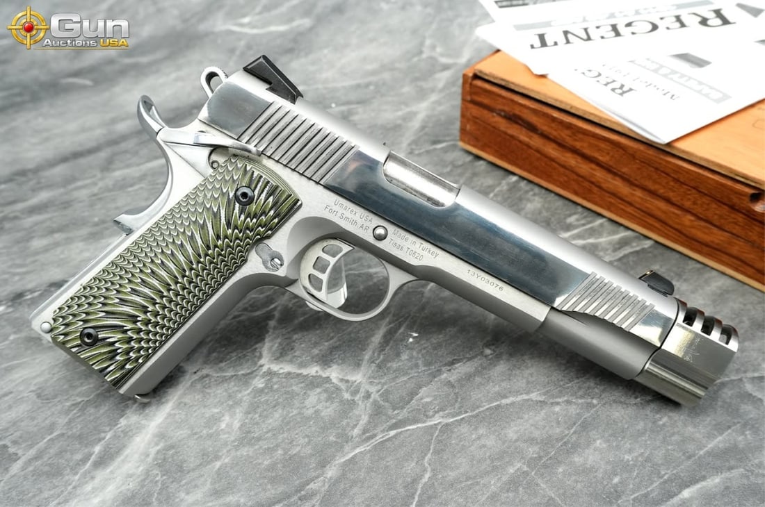 TISAS REGENT R200S .45 ACP Pistol 5" Barrel, Shiny Bore, Tight Action sn:13Y03076 Very Good: TISAS REGENT R200S .45 ACP Pistol 5" Barrel, Shiny Bore, Tight Action sn:13Y03076 Very Good Condition Full-size 1911-pattern pistol. Finished in a polished silver tone with forward slide serrations, s