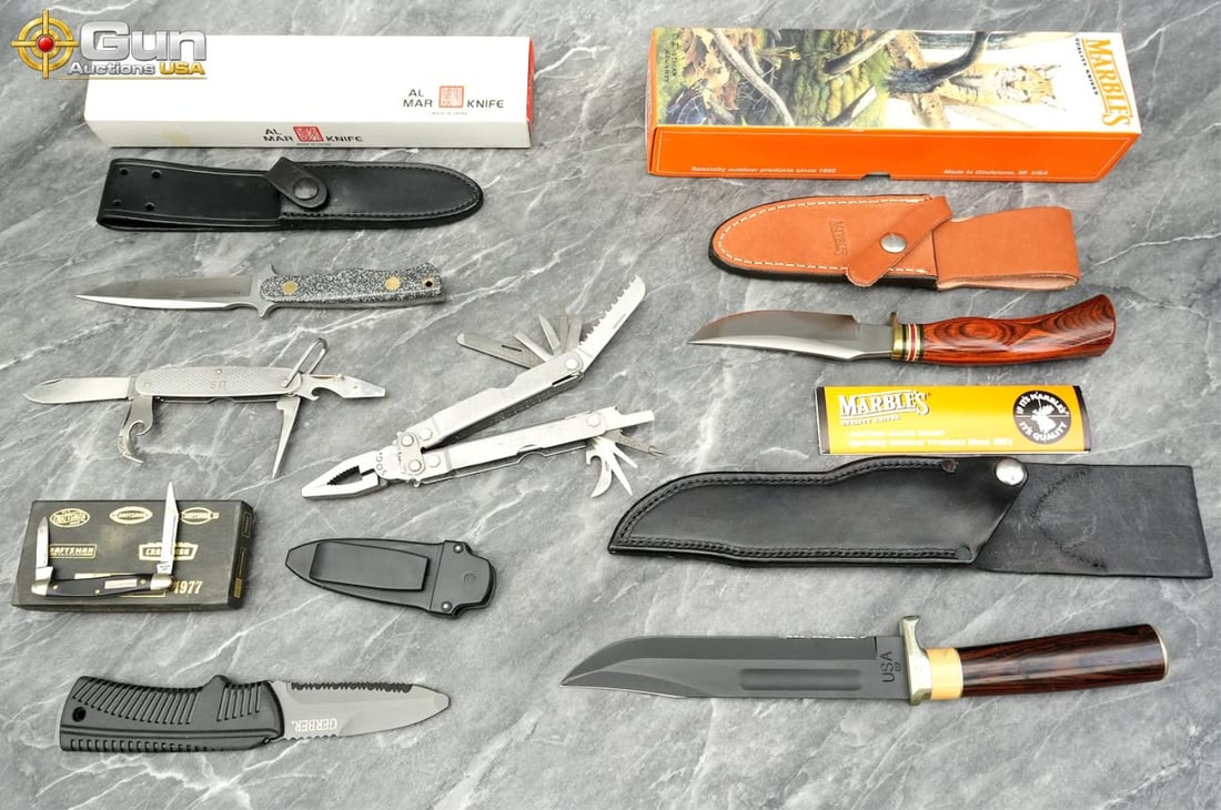 KA-BAR, Camillus, Marble's, Etc. A fine collection of 7 assorted knives and tools. Very Good (1 of 18)