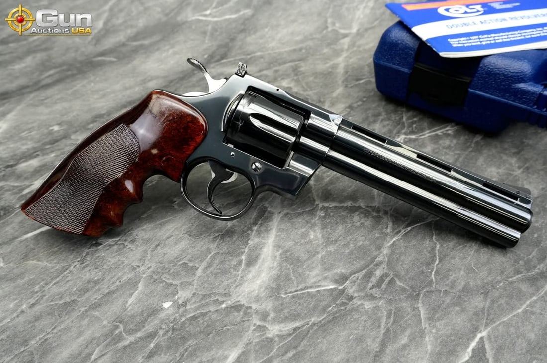 COLT PYTHON .357 MAGNUM SNAKE GUN Revolver, 6" Barrel, Excellent Condition, Shiny Bore, Tight: COLT PYTHON .357 MAGNUM SNAKE GUN Revolver, 6" Barrel, Excellent Condition, Shiny Bore, Tight Action, sn:V38680This gorgeous, very lightly used revolver showcases the distinctive full-underlug barrel 
