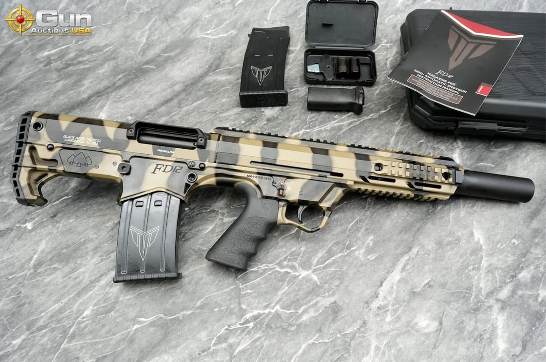 BLACK ACES FD12 PRO BULLPUP 12 ga. BULL PUP Semi Auto Shotgun, 18.5" Barrel, New Condition,: BLACK ACES FD12 PRO BULLPUP 12 ga. BULL PUP Semi Auto Shotgun, 18.5" Barrel, New Condition, sn:666-H22YB-3542Very nice tiger stripe finish, ambidextrous thumb safety, 12" Picatinny rail, QD release po
