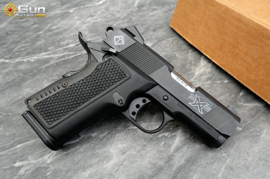 ATI FATBOY-LW .45 ACP Semi Auto Pistol 3" Barrel, Shiny Bore, Tight Action sn:FBLW101086 Very Good: ATI FATBOY-LW .45 ACP Semi Auto Pistol 3" Barrel, Shiny Bore, Tight Action sn:FBLW101086 Very Good Condition A Philippine-manufactured 1911-pattern pistol in .45 ACP featuring an all-black matte finis
