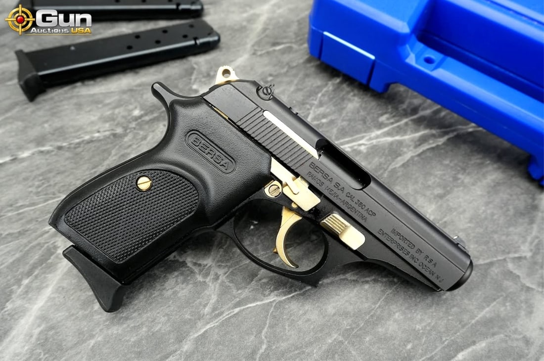 BERSA S.A. Thunder 380 380 ACP Semi Auto Pistol, 3.5" Barrel, Excellent Condition, Shiny Bore, Tight: BERSA S.A. Thunder 380 380 ACP Semi Auto Pistol, 3.5" Barrel, Excellent Condition, Shiny Bore, Tight Action, sn:J11211This Argentine-made compact pistol in .380 ACP has a matte black slide and contras
