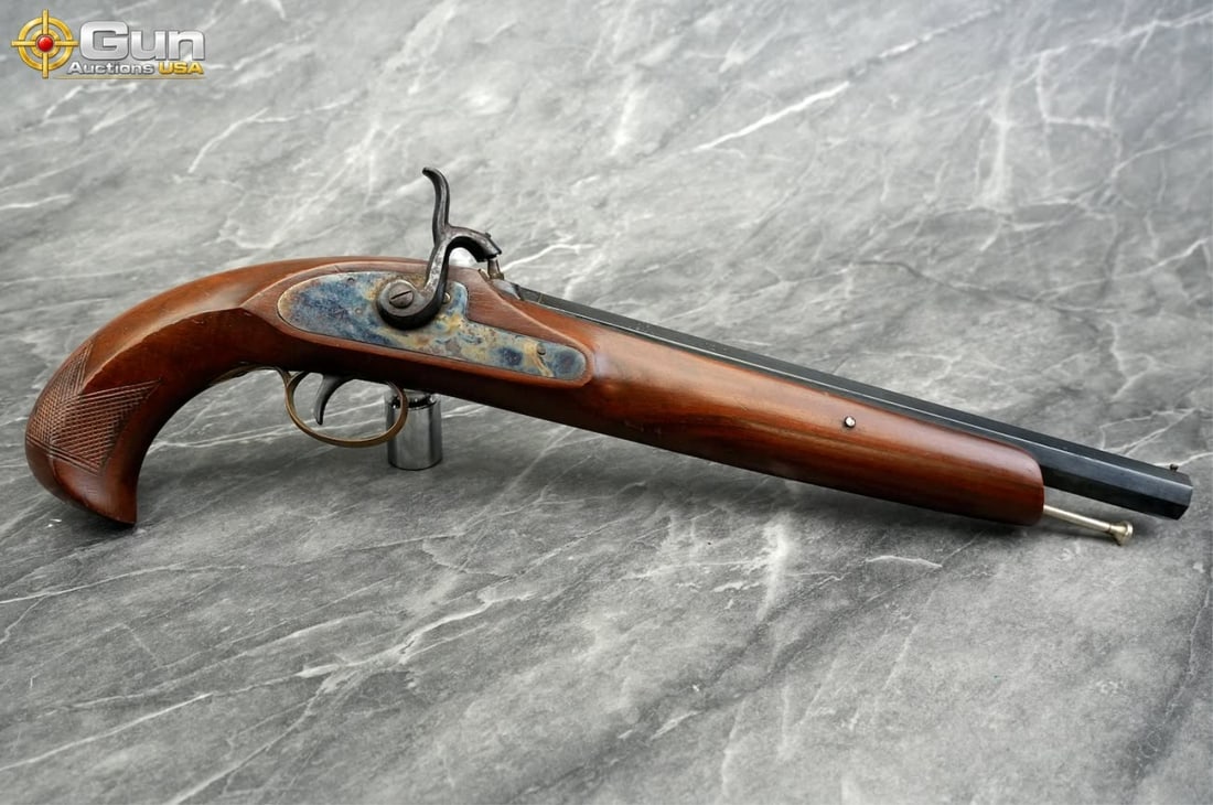 Spanish Mendi Percussion Cap Black Powder Pistol, Very Good Condition This single-shot muzzleloader: Spanish Mendi Percussion Cap Black Powder Pistol, Very Good ConditionThis single-shot muzzleloader has matching numbers on the barrel and receiver. It features a blued octagonal barrel stamped "MADE I