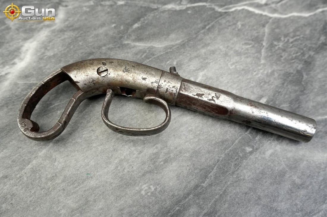 Antique Percussion Single-Shot Pocket Pistol, 3" Barrel, Incomplete, Needs Repair This is an: Antique Percussion Single-Shot Pocket Pistol, 3" Barrel, Incomplete, Needs RepairThis is an incomplete black powder firearm; internals may need to be added or repaired. It features an iron frame with 