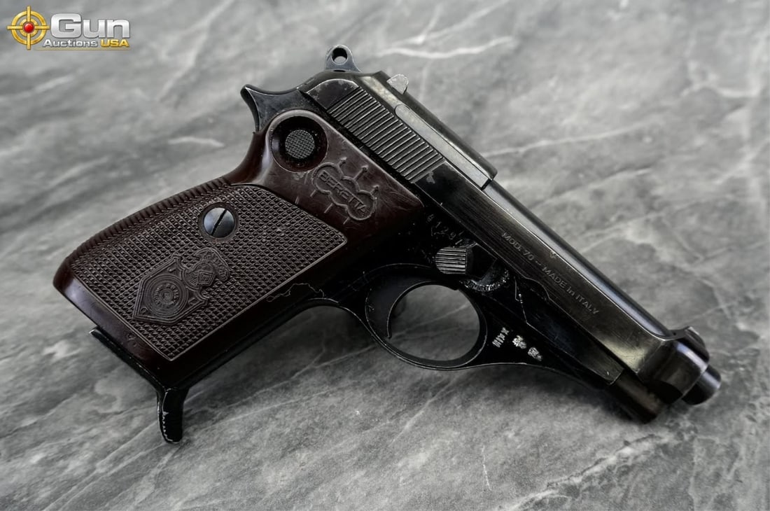 BERETTA 70 7.65 Semi Auto Pistol, 3.5" Barrel, Very Good Condition, Shiny Bore, Tight Action,: BERETTA 70 7.65 Semi Auto Pistol, 3.5" Barrel, Very Good Condition, Shiny Bore, Tight Action, sn:A41297This Italian-made compact pistol features a polished blued finish on the slide and frame, with "P