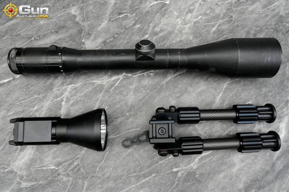 Streamlight light, rifle scope, and bipod lot, Good Condition This lot shows normal handling marks.: Streamlight light, rifle scope, and bipod lot, Good ConditionThis lot shows normal handling marks. This firearm accessory selection includes Streamlight TLR-1 Game Spotter weapon light, adjustable car