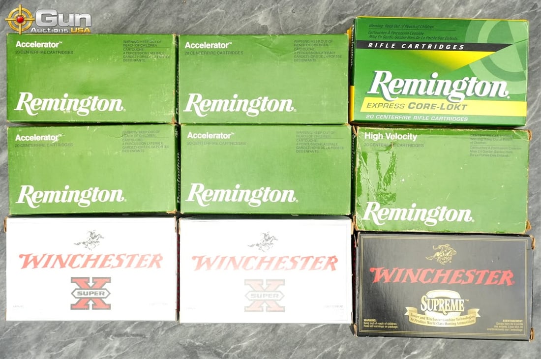 Remington and Winchester Ammo Assortment Approx. 160 rounds in total. Includes five boxes of .25-06: Remington and Winchester Ammo AssortmentApprox. 160 rounds in total. Includes five boxes of .25-06 Rem and four boxes of .308 Win rifle cartridges in various bullet weights and styles. (500513)